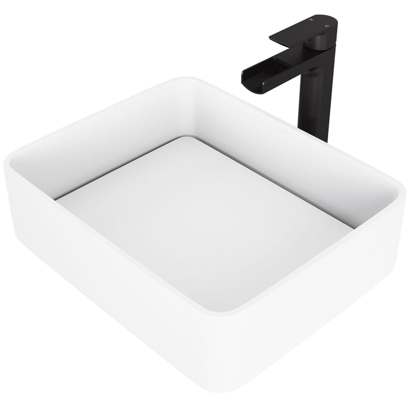 Jasmine MatteStone White Bathroom Sink/Basin Set with Amada Faucet and Rectangular Composite Vessel Y5C4