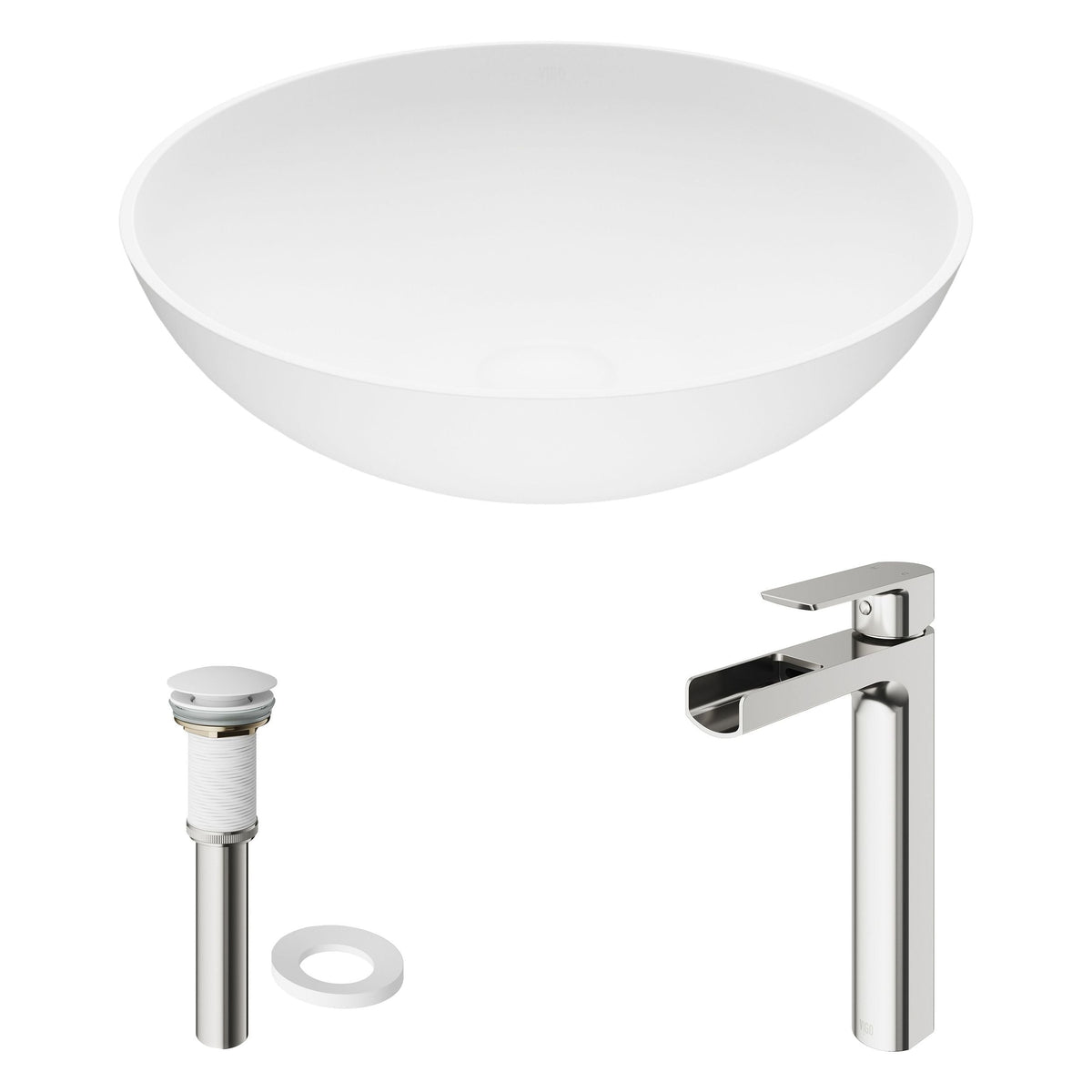 Lotus MatteStone Round White Composite Bathroom Sink/Basin Set with Amada Faucet and Pop-Up Drain G1C2 - product image 2