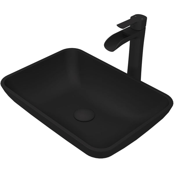 Sottile MatteShell Matte Black Bathroom Sink/Basin Set with Niko Faucet and Glass Rectangular Vessel M1J9