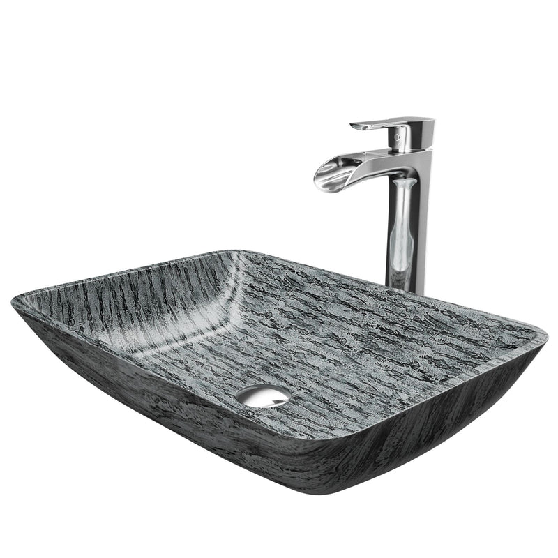 Titanium Glass Slate Grey Bathroom Sink/Basin Set with Niko Faucet and Rectangular Vessel N9D1